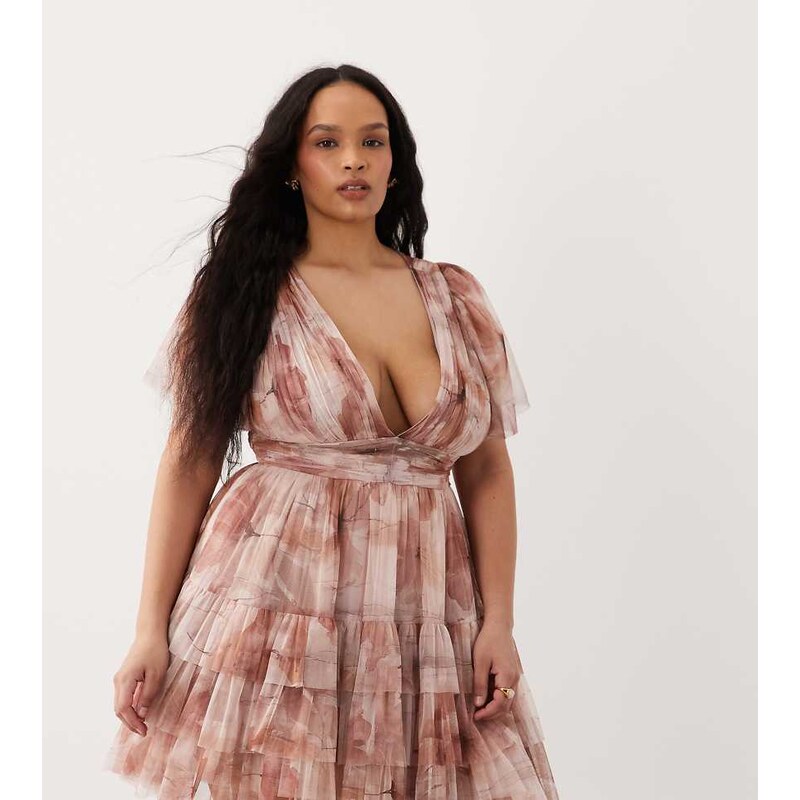 Lace & Beads Plus tulle plunge neck flutter sleeve tiered mini dress 115522880