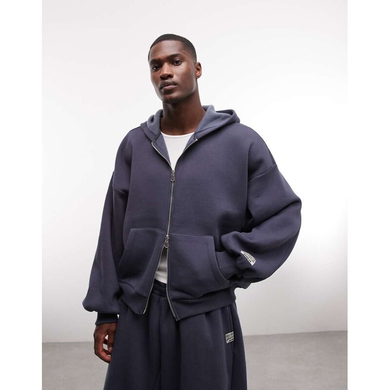 COLLUSION zip through heavyweight boxy hoodie in navy