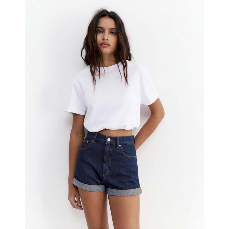 Pull&Bear Mom fit denim shorts with turn-up hems in navy
