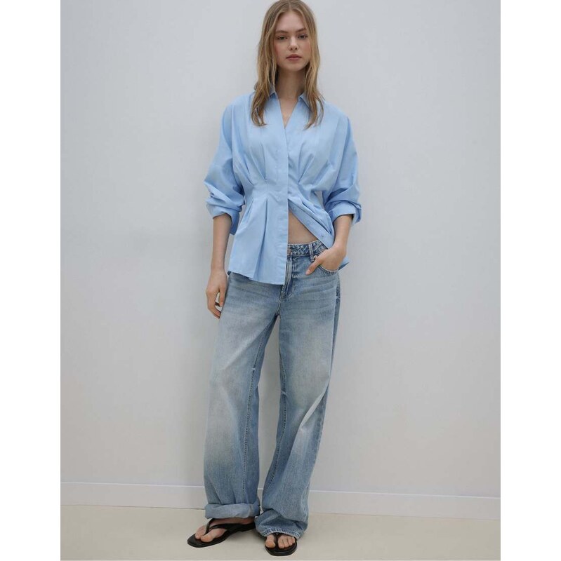 Stradivarius Poplin shirt with pleats in sky blue 114541076