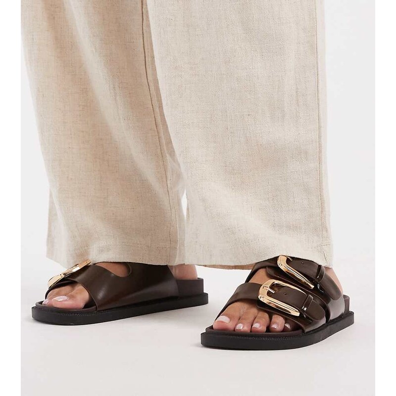 SEQWL Wide Fit double buckle flat sandals in brown 113681551