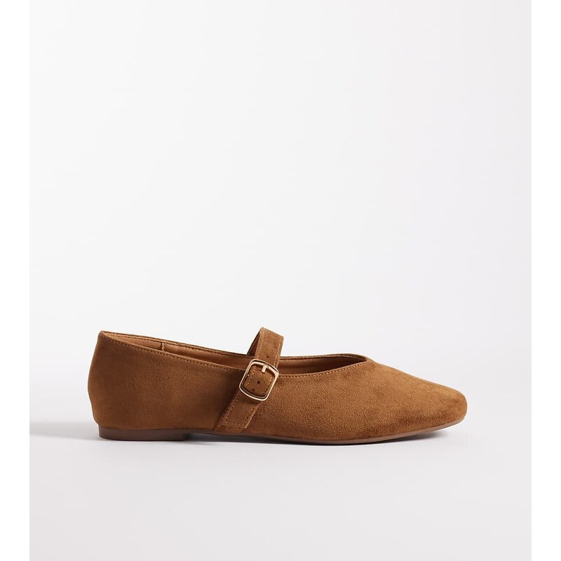 SEQWL Wide Fit Iris high vamp ballet flat with buckle detail in Tan 115517639