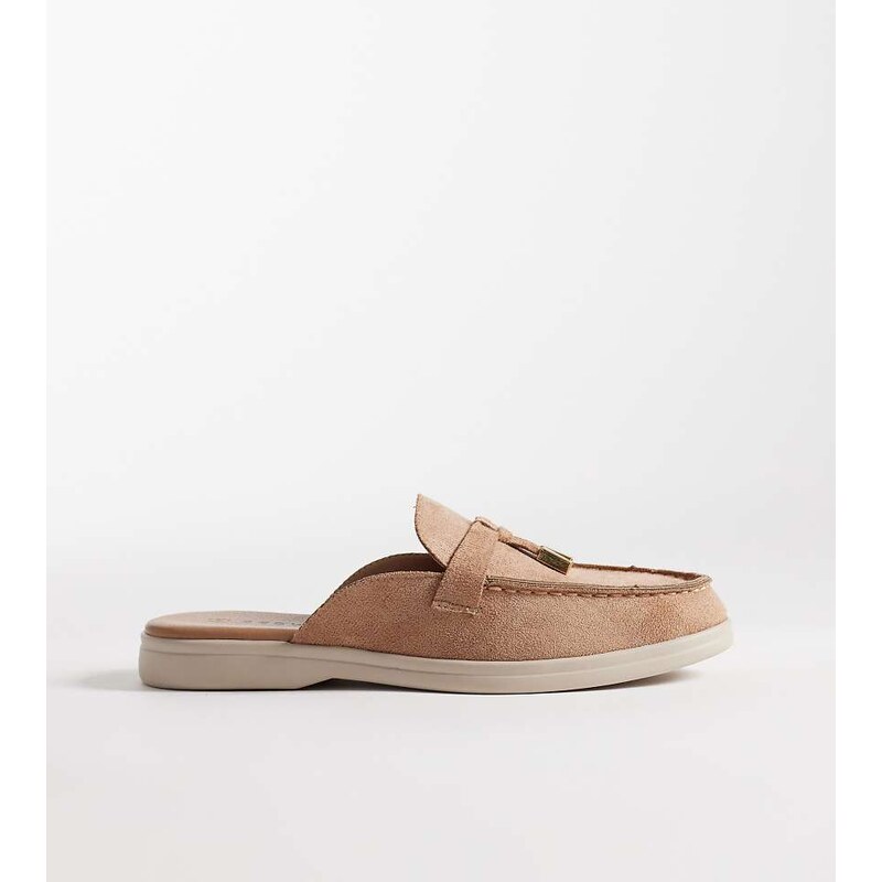 SEQWL Wide Fit mule tassel trim loafer in camel faux suede-Neutral 114385154
