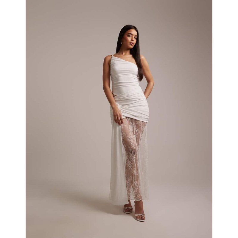 Forever New Bridal one shoulder ruched lace hem maxi dress in
