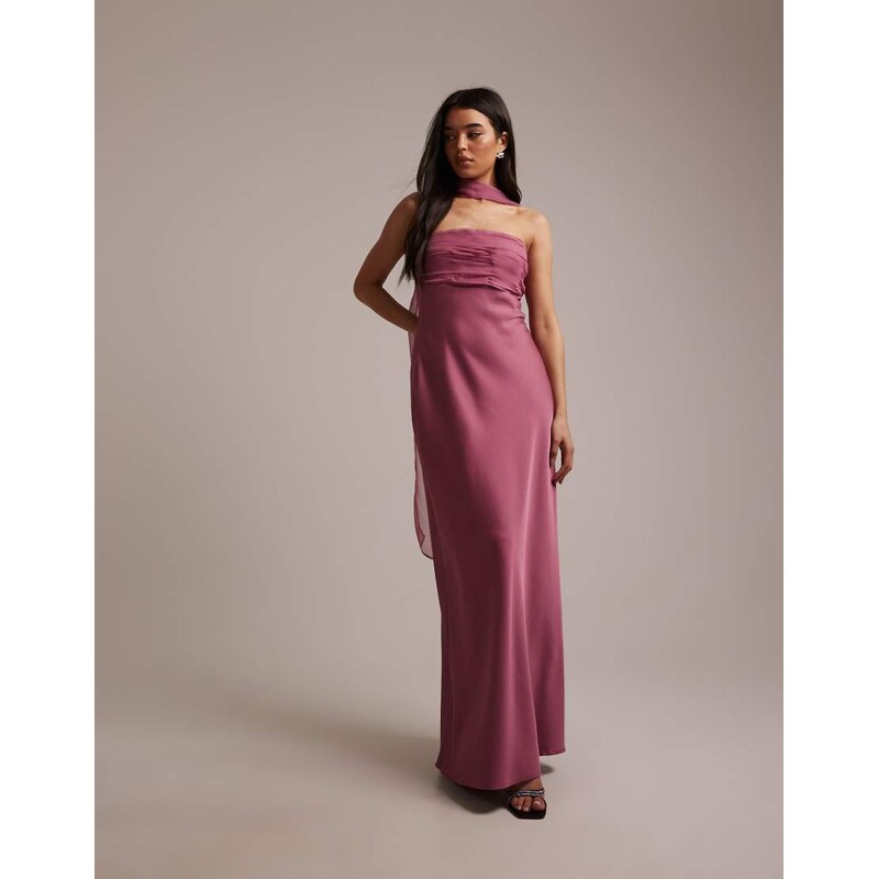 Six Stories Bridesmaids satin bandeau pleated bust detail scarf detail 115456940