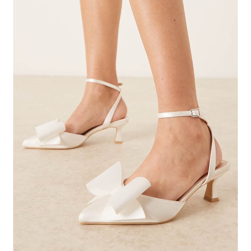 Be Mine Wide Fit Bridal kitten heel shoes with bow in ivory satin 113494547