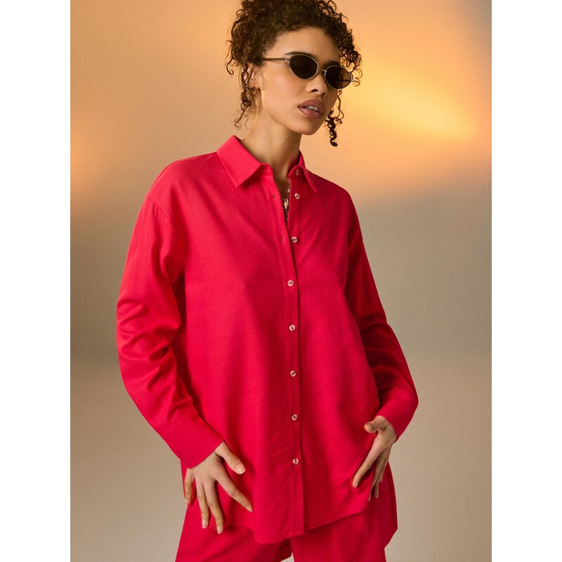 Sinsay - Košile oversized s příměsí lnu - sytě růžová 114543050