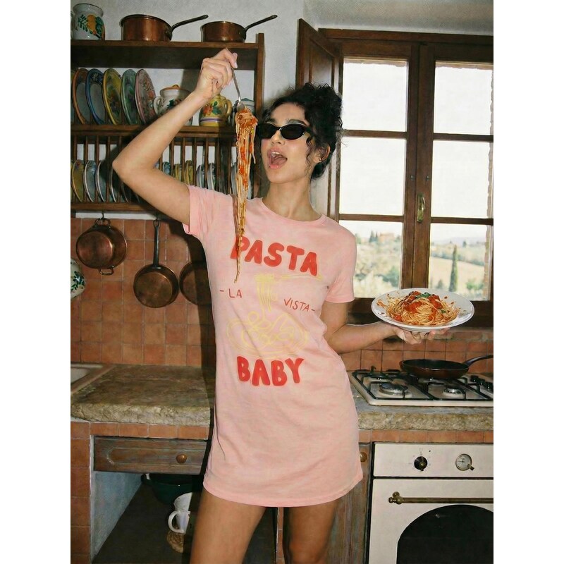 Sinsay - Bavlněná noční košile s potiskem Pasta Baby - korálová 114543627