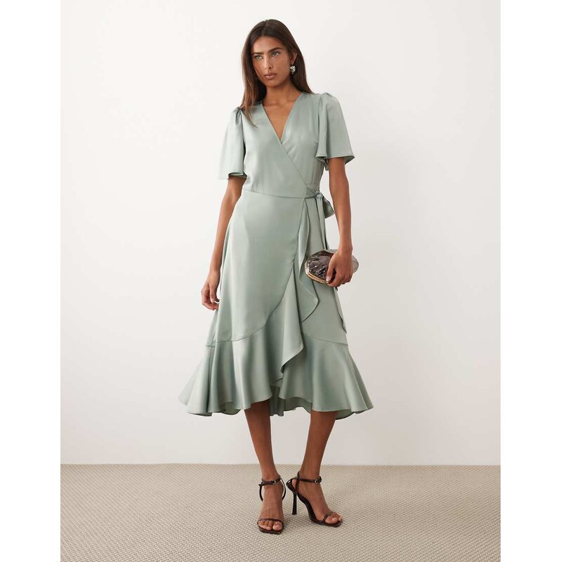 YAS satin wrap midi dress in sage green