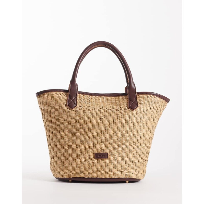 PASQ medium straw tote bag with crossbody strap in brown and beige 114543930