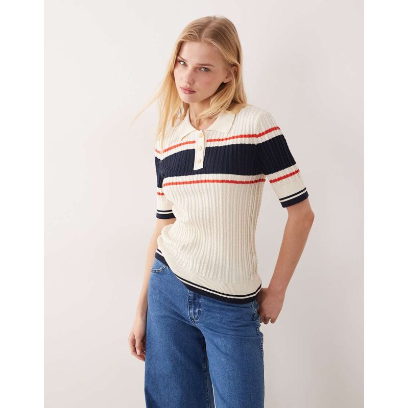 GANT button up polo sweater with stripe in cream-Neutral