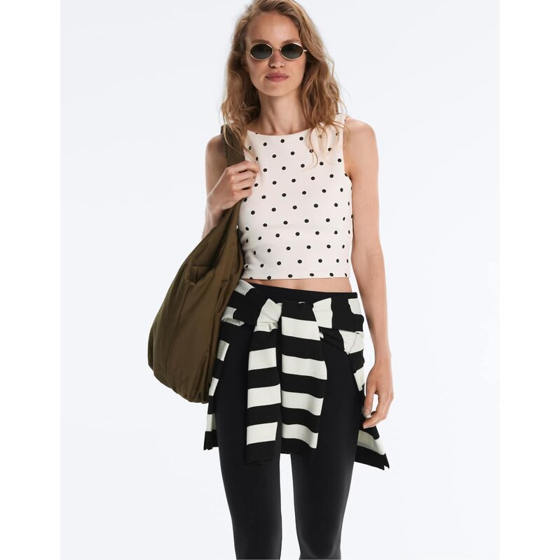 OYSHO Sleeveless polka dot t-shirt in pale ecru-Neutral