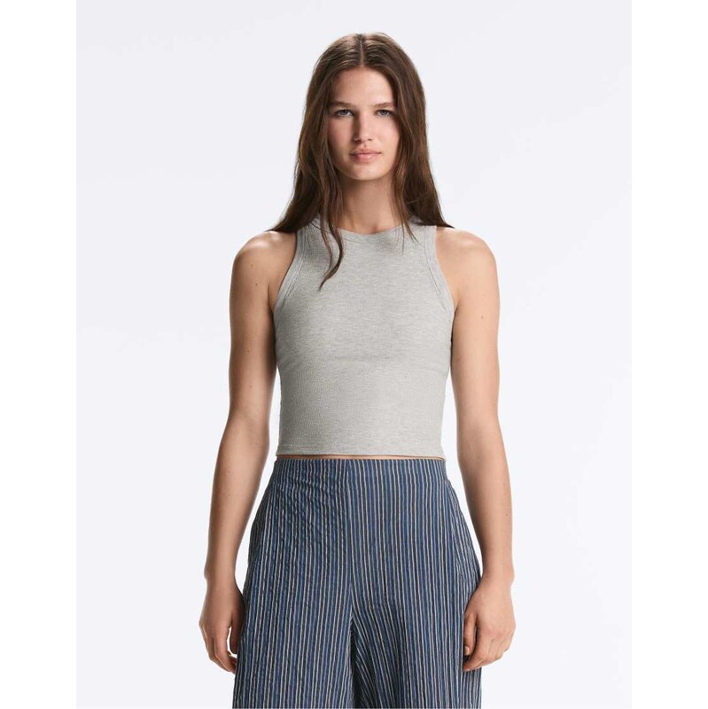 OYSHO Rib modal blend long tank top in grey melange