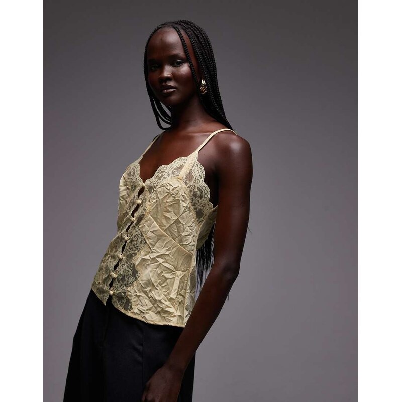 ASOS DESIGN button front lace and satin cami in yellow