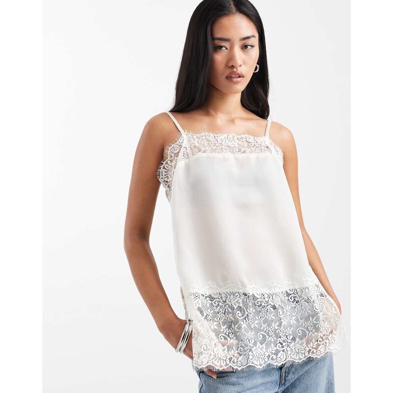 ASOS DESIGN square neck lace trim satin cami in cream-White