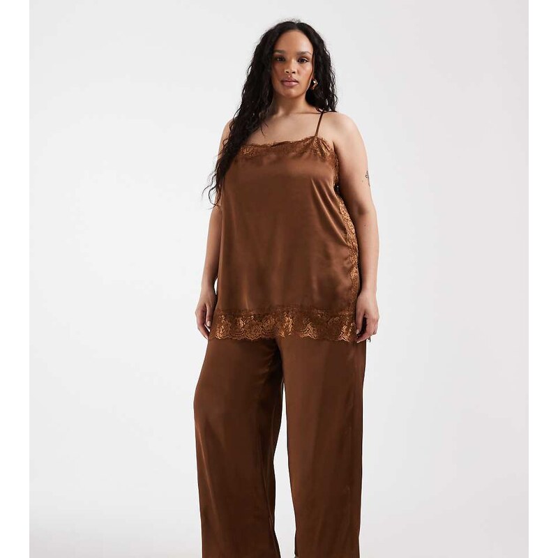 ASOS Curve ASOS DESIGN Curve satin lace cami jumpsuit in brown 114543856