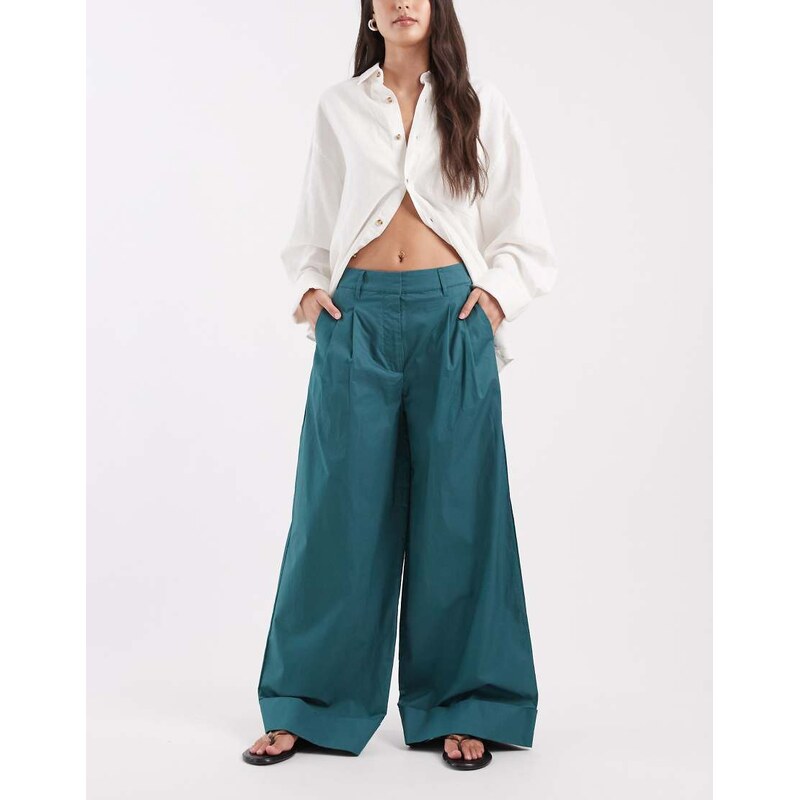 ASOS DESIGN wide leg trousers with turn up co-ord in teal-Blue