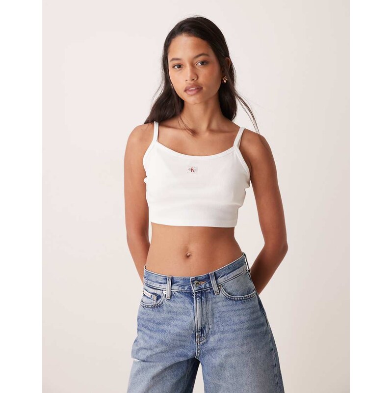 Calvin Klein Jeans woven label cropped tank in white 114543906
