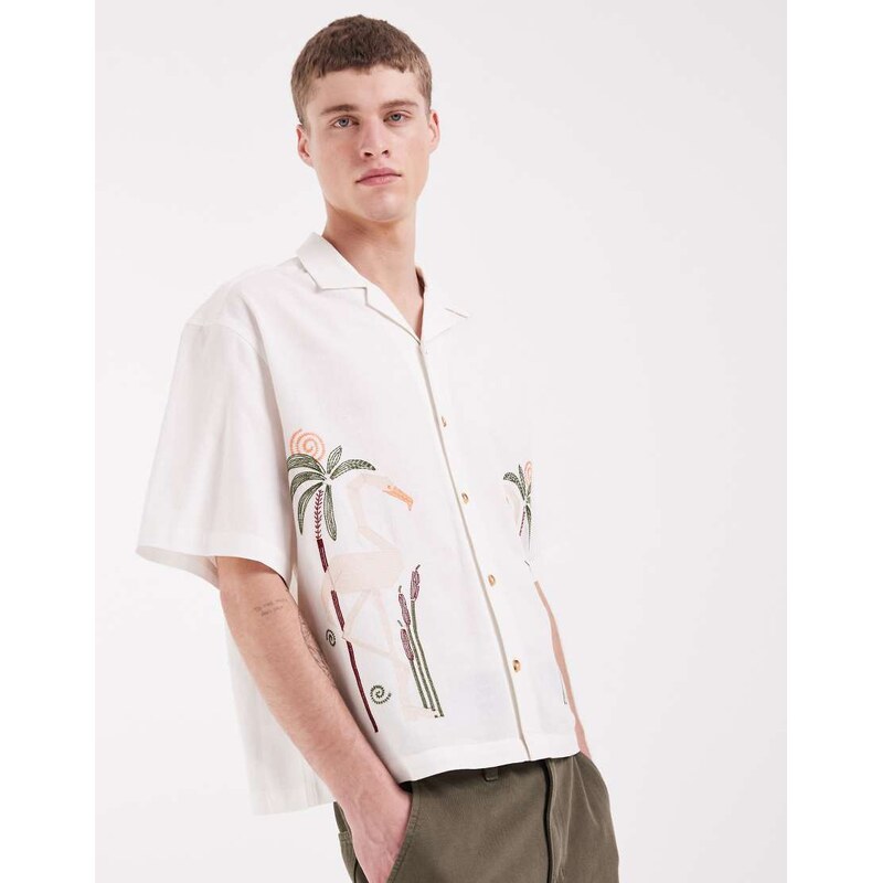 ASOS DESIGN boxy oversized shirt with linen and embroidery in