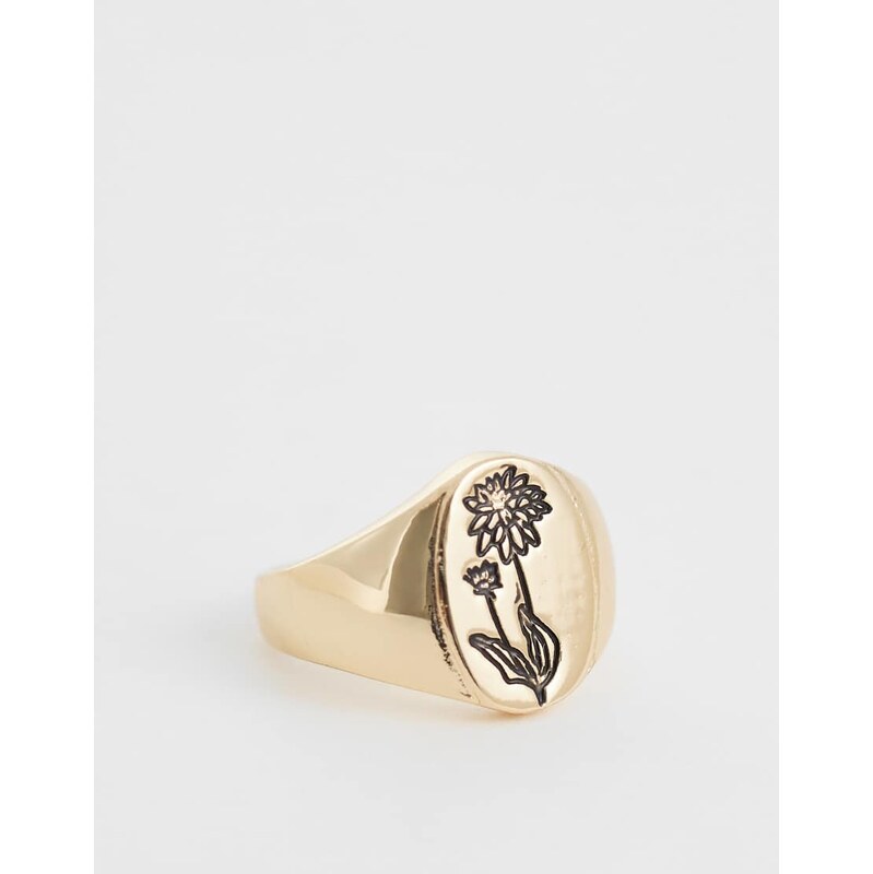 Reclaimed Vintage floral sketch signet ring in gold