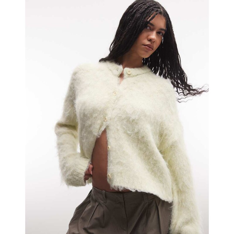 The Ragged Priest fluffy cardigan with baby back graphic in pale lime 114543996