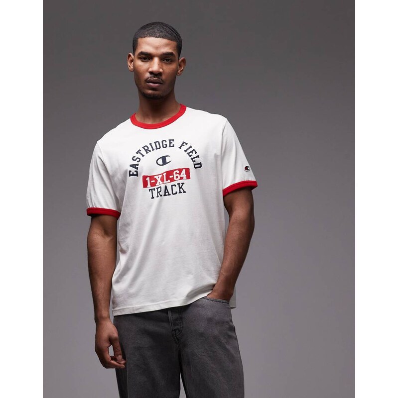 Champion Ringer graphic t-shirt in off-white and red