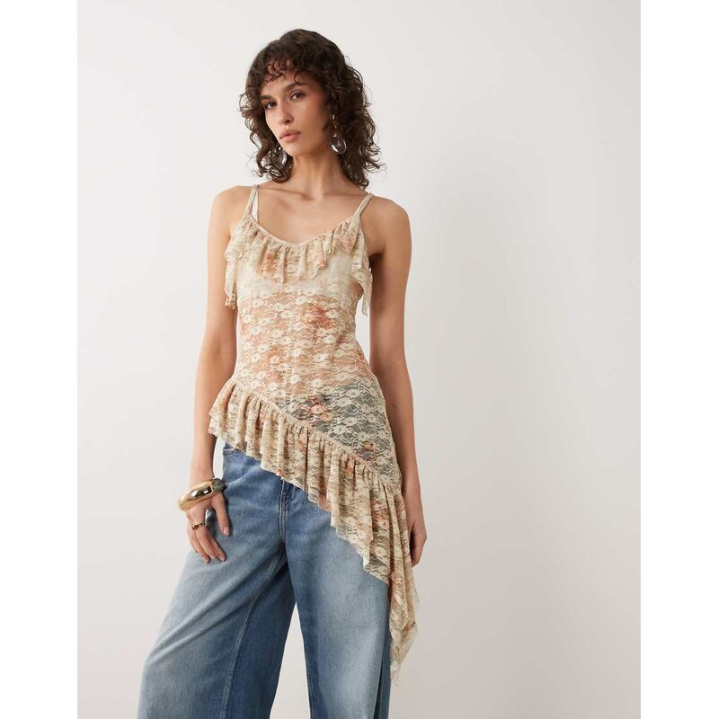 Miss Selfridge asymmetric lace top with ruffle in vintage floral print 115523070