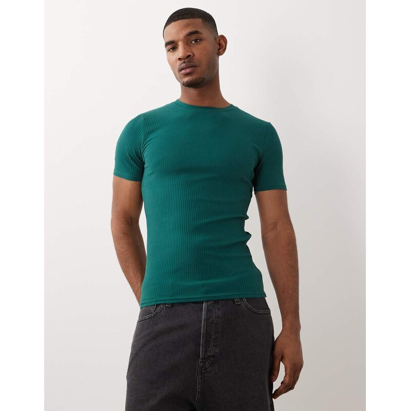 ASOS DESIGN heavyweight muscle fit t-shirt in dark green rib