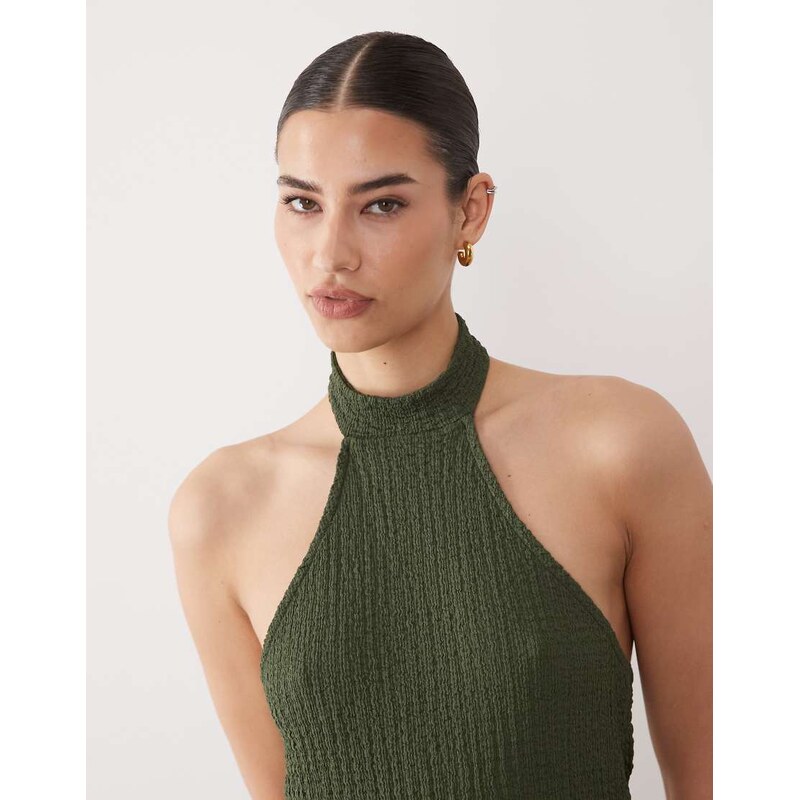 ASOS DESIGN textured halter neck asymmetric top co-ord in khaki