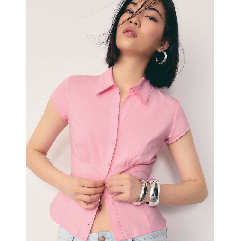 Stradivarius Short sleeve shirt with underbust seam in pastel pink 114544043