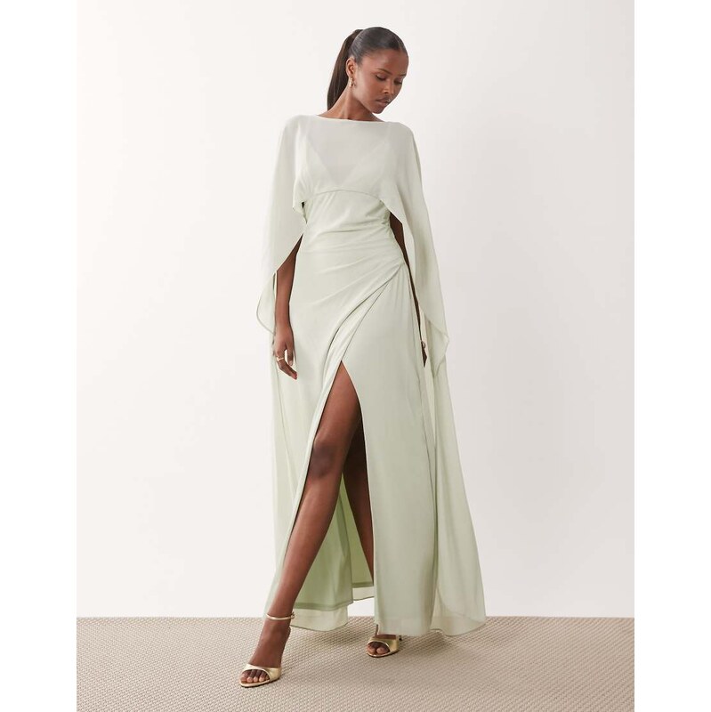 TFNC Bridesmaids chiffon maxi dress with cape in sage green 114934949