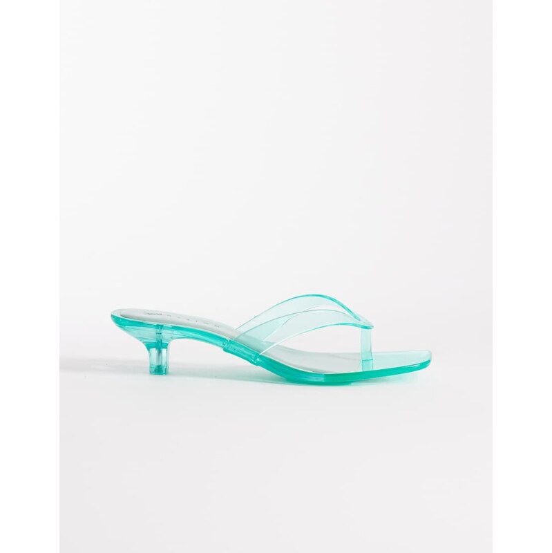 ASOS DESIGN Holiday jelly kitten heel toe thongs in green 115491597