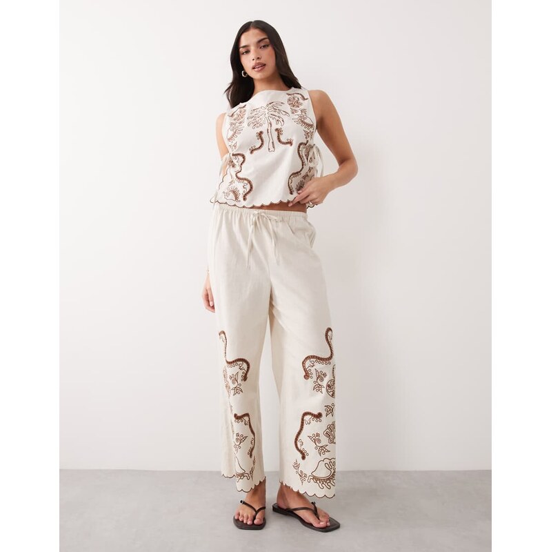ASOS DESIGN Angie Palm beach tropical embroidered crop trouser in stone-Neutral