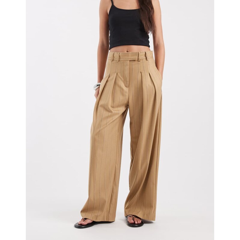 River Island pinstripe wide leg trousers in beige-Neutral