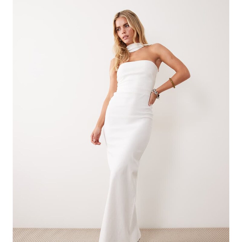 Vesper Petite bengaline bandeau choker detail back trim maxi dress in 115522490