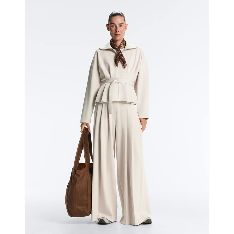 OYSHO Cotton wide-leg pique pleated trousers in beige-Neutral 114561537