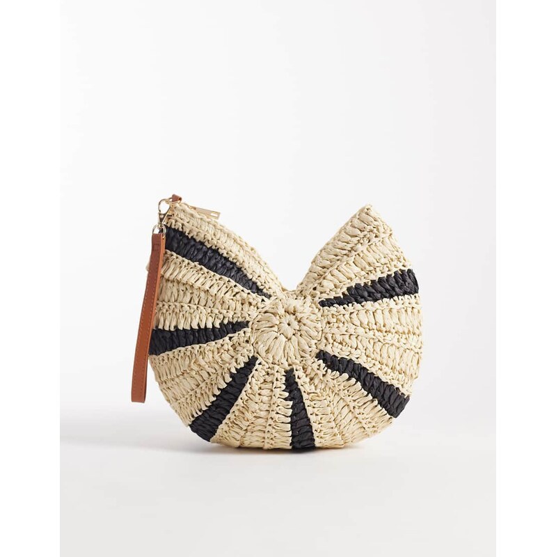 South Beach stripe shell crochet clutch bag in black and white