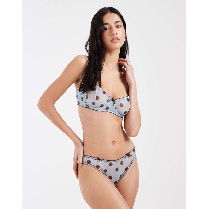 ASOS DESIGN Astrid sheer mesh polka dot brazilian in blue & chocolate 114561463