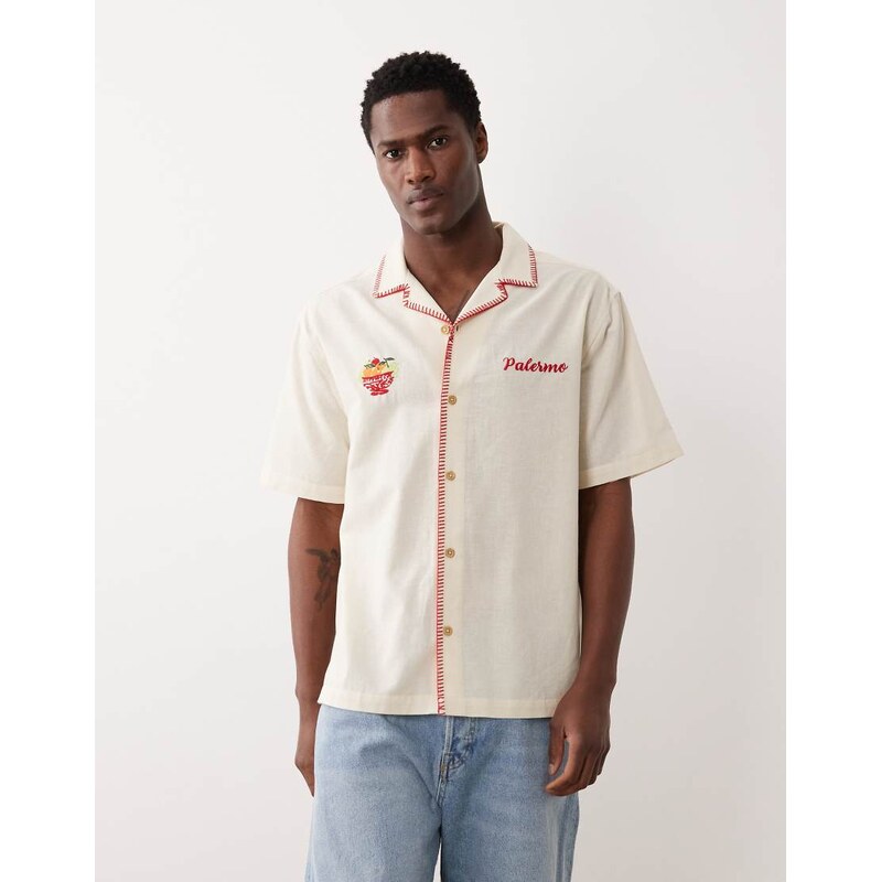 ASOS DESIGN relaxed revere shirt with linen and chest and border