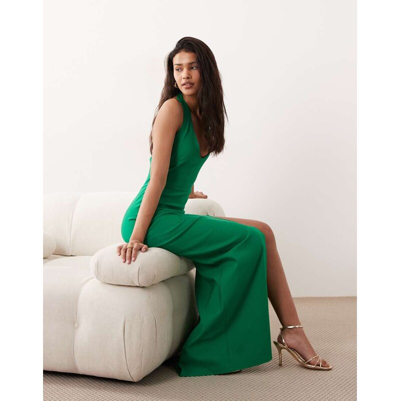 Vesper bengaline v neck halterneck thigh split maxi dress in