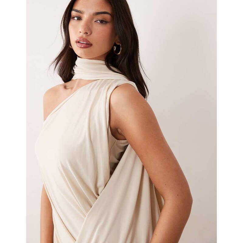 ASOS DESIGN one shoulder scarf wrap dress in cream-White