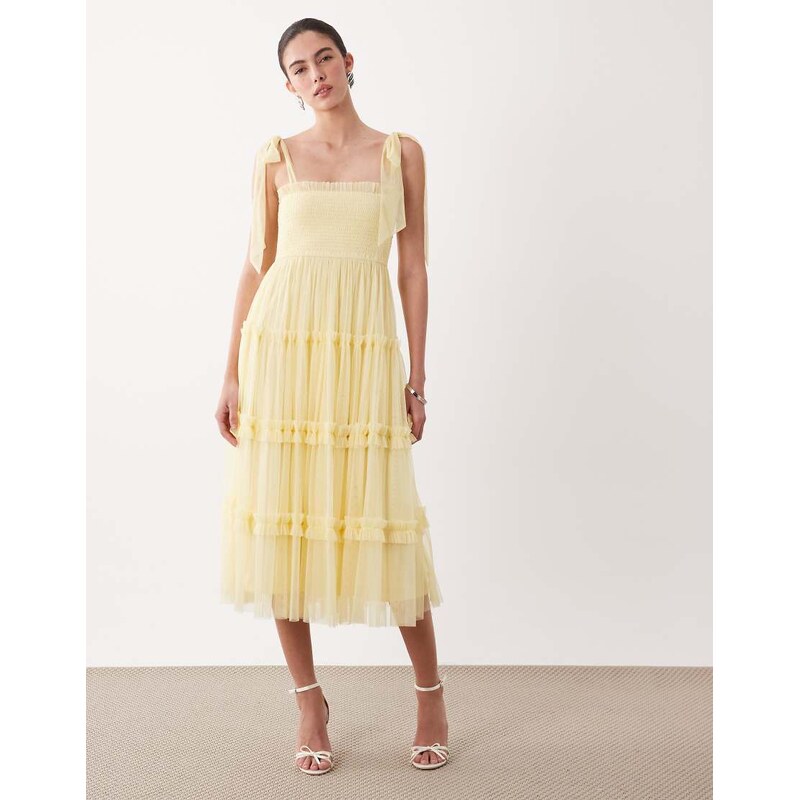Lace & Beads tulle bow shoulder shirred ruffle midi dress in