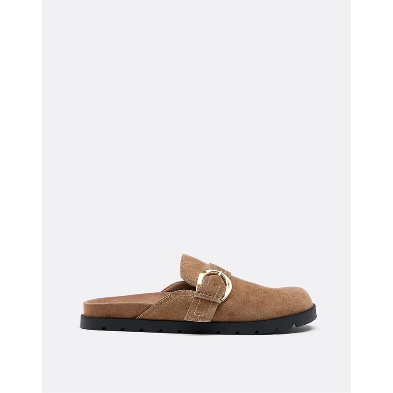 Stradivarius Leather backless clogs in beige-Neutral