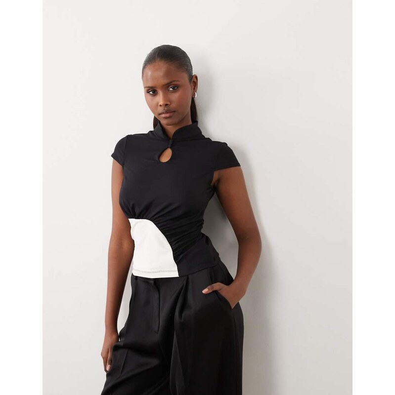 ASOS DESIGN polyamide ruched mandarin cap sleeve top in chocolate 114561549
