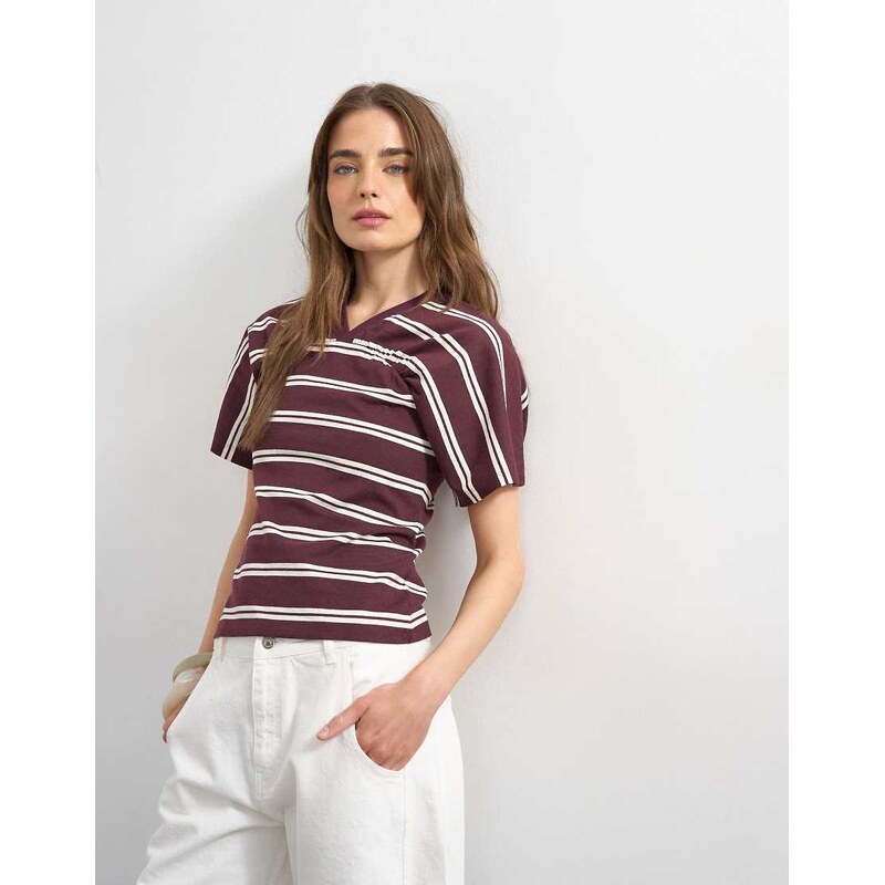 Topshop gather yoke seam short sleeve top burgundy stripe-Red