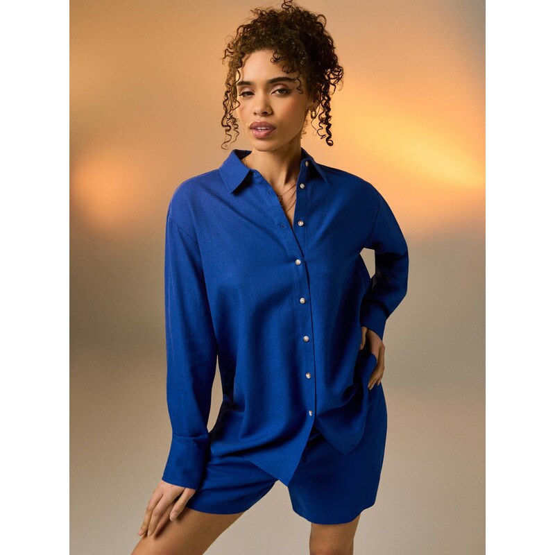 Sinsay - Košile oversized s příměsí lnu - indigo 114569134