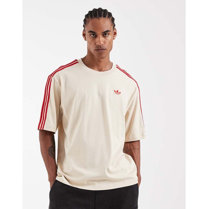 adidas Originals Three Stripe t-shirt in beige and red-Neutral