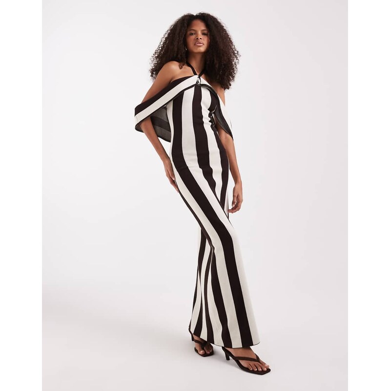 Pretty Lavish cold shoulder knit maxi dress in bold stripe-Multi 114587966