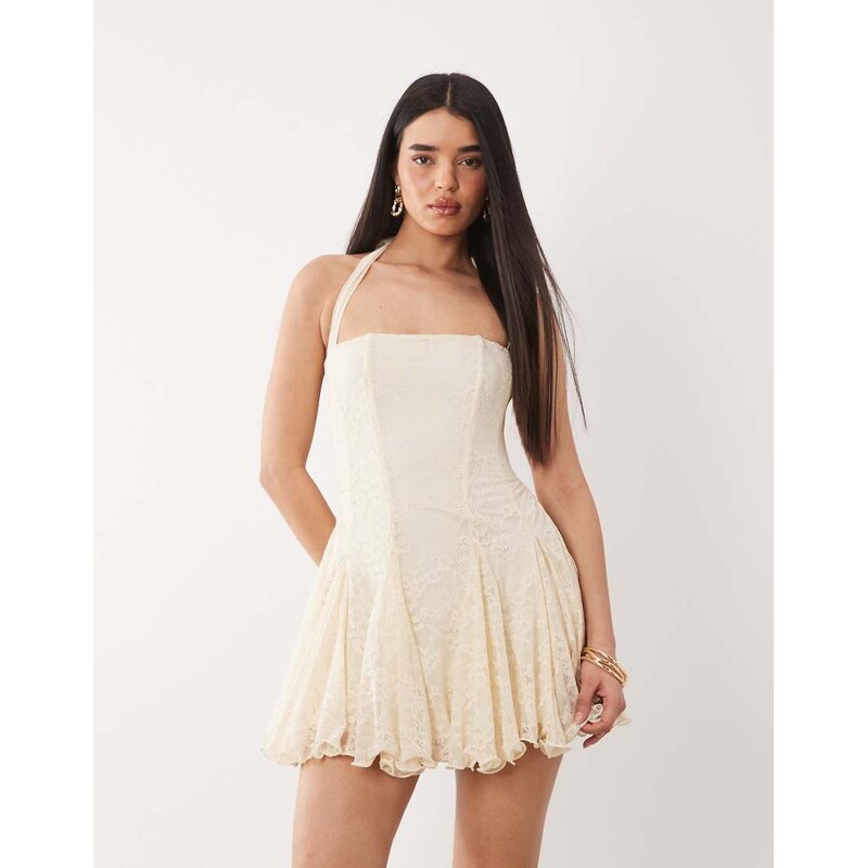 Murci square halterneck gathered godet hem lace mini dress in cream 115232641