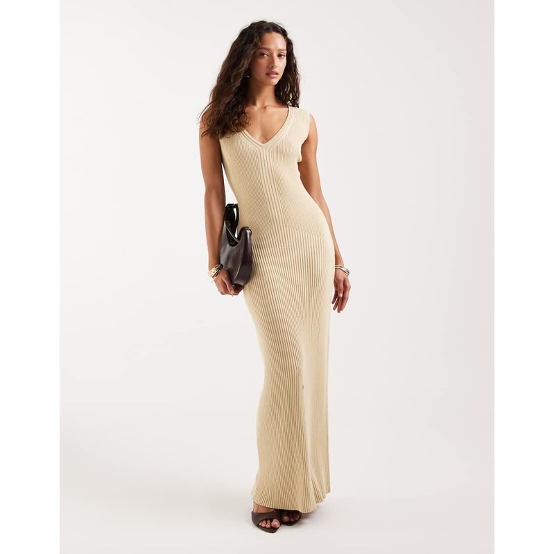 4th & Reckless ribbed knit v neck maxi dress in buttercream
